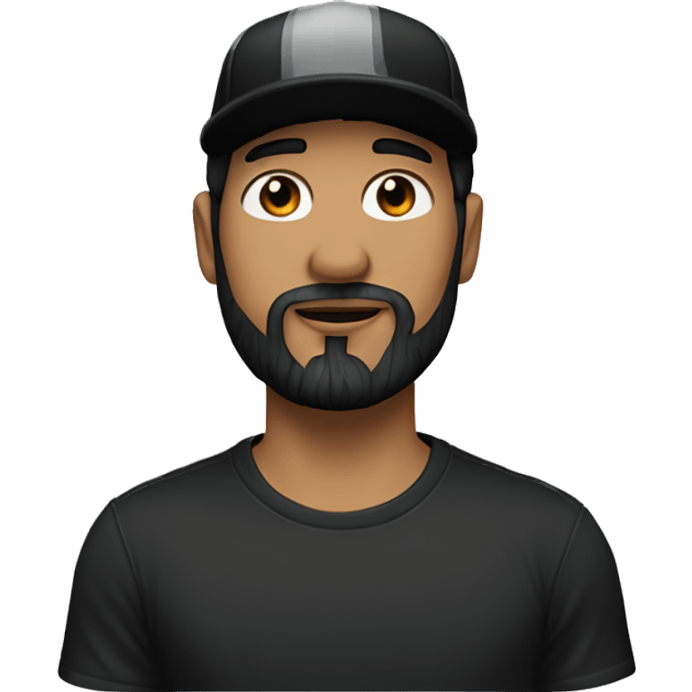 Man with black hair and beard with white skin and a black cap on and with black t shirt  emoji