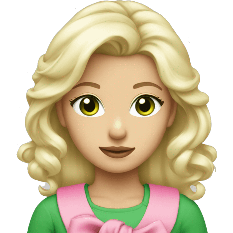 platinum blonde with green eyes wearing a pink bow with green shirt emoji