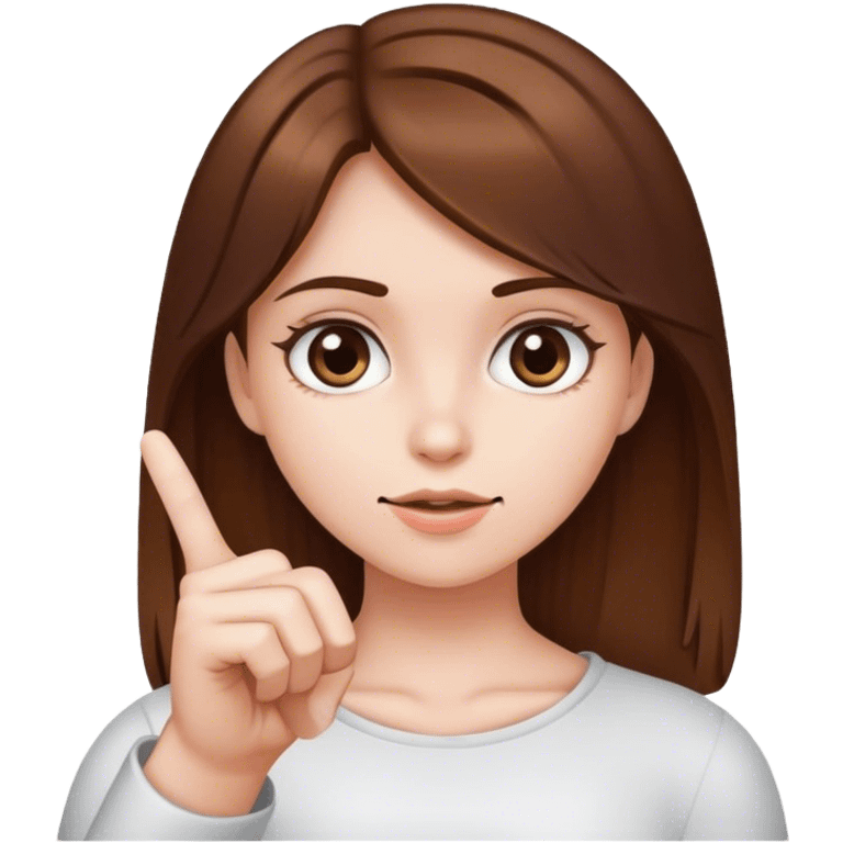 A girl with brown hair and white skin shows her index finger emoji