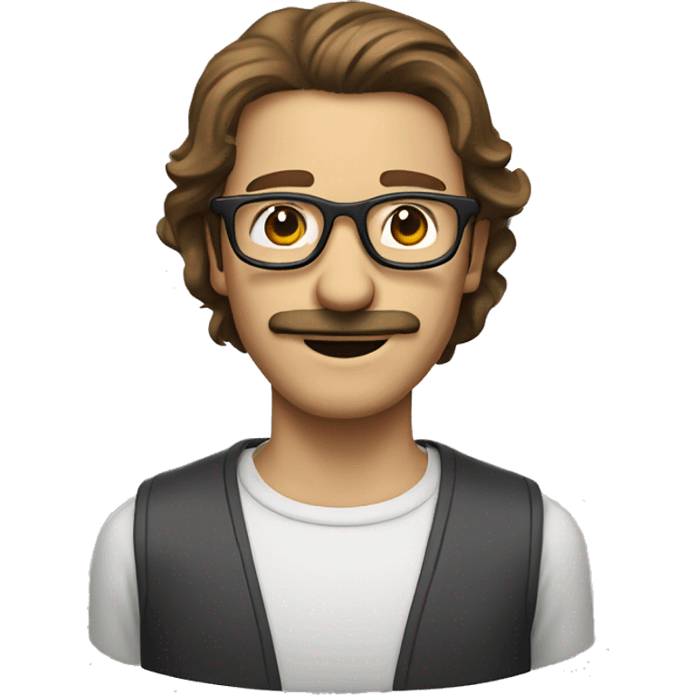 thin guy with shoulder length brown hair and mustache and smile and glasses emoji