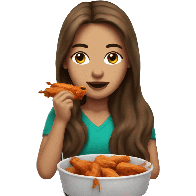 Long brown hair women with teal eyes eating Buffalo wings in her car emoji