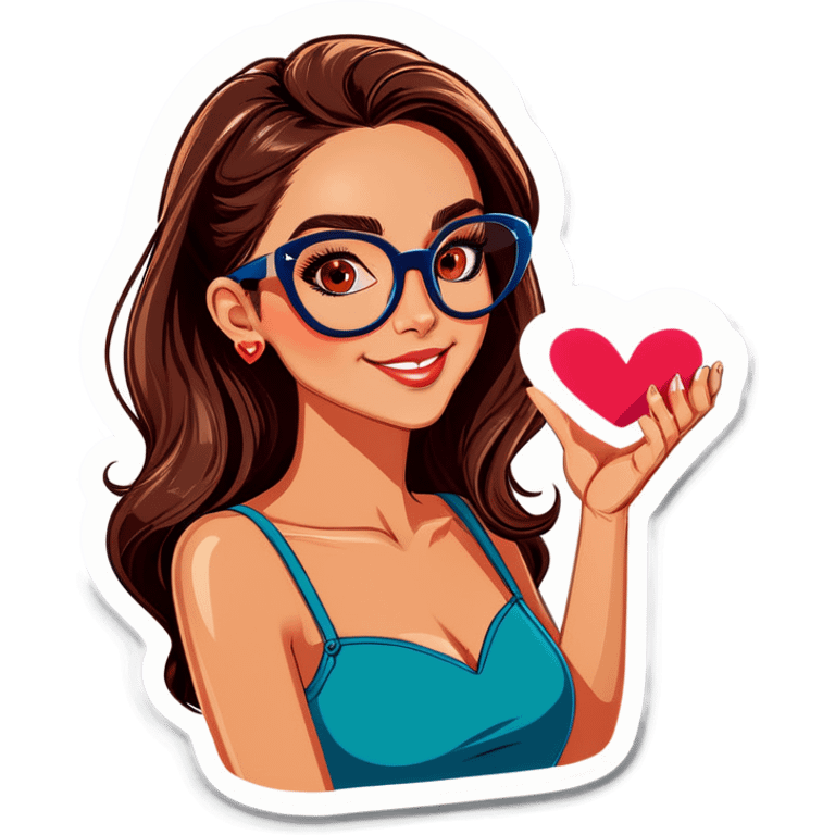 Linda Chica castaña con cabello largo y lentes transparentes haciendo corazón con las manos  emoji