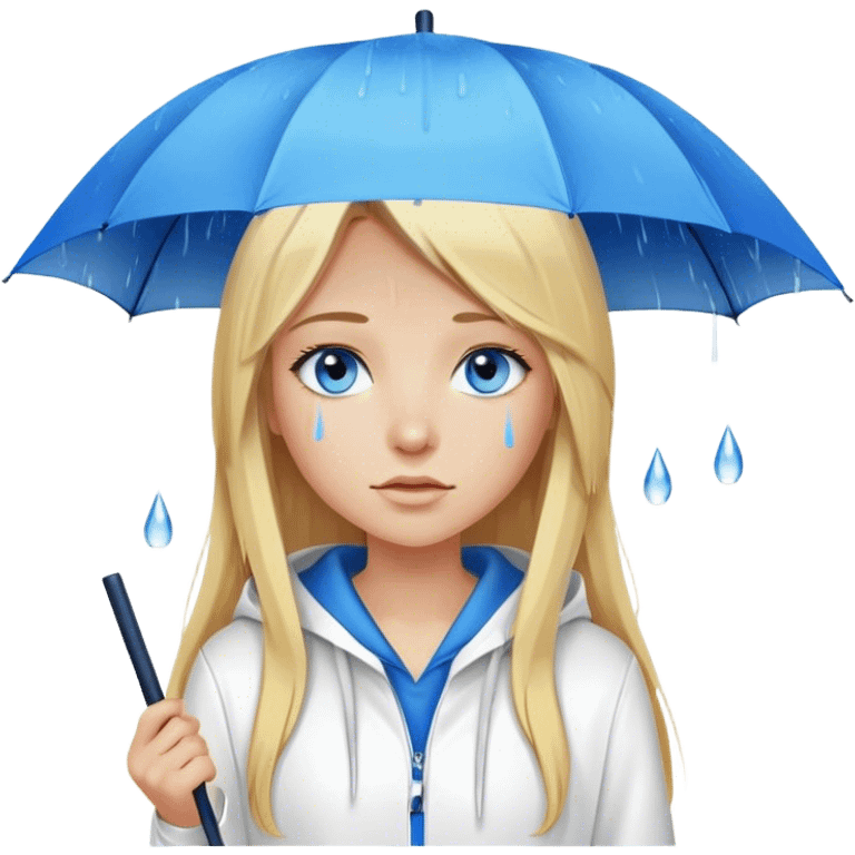 Cinematic realistic emojis in the form of a blonde girl with long hair, blue eyes and a straight nose, wearing a white hoodie, holding an umbrella above her, on which rain is dripping emoji