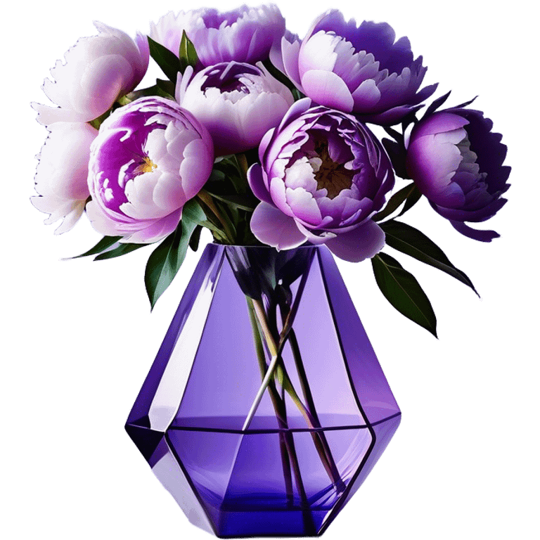 "An artistic composition of peonies in dreamy shades of light violet, lavender, and periwinkle, placed in a geometric glass vase with a glowing purple tint. The flowers have softly abstracted, fluid shapes, with petals that appear to merge and drift like ink in water. A translucent, ribbon-like strand of soft lilac wraps around the vase, floating weightlessly as if suspended in motion."
 emoji