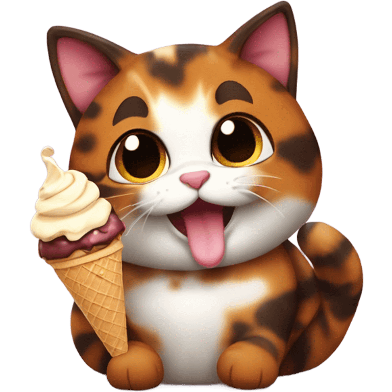 Cute fat tortoiseshell cat eating ice cream emoji