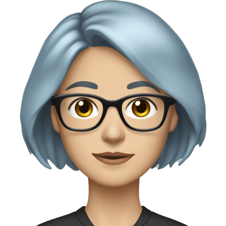 Caucasian woman with chin length layered blue hair and grey eyes wearing light grey square-shaped glasses and a black collared shirt emoji