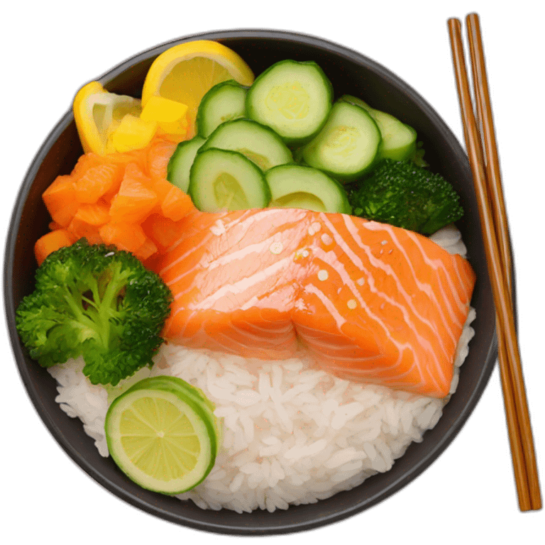 rice salmon pokebowl with veggies and chopsticks emoji