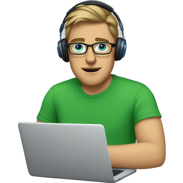 white guy with dark blond hair square glasses blue eyes wearing green t-shirt with laptop and headphones emoji