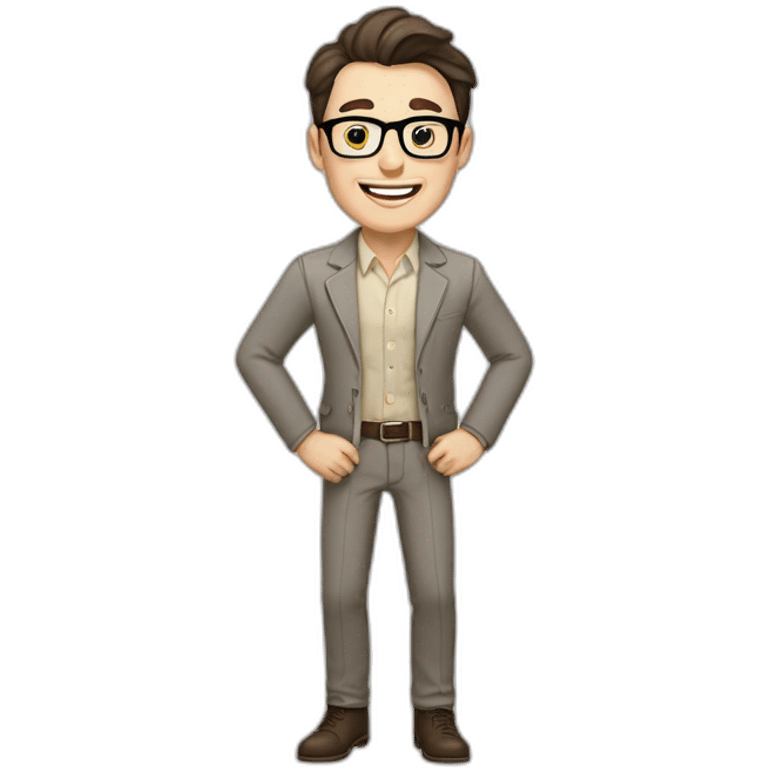 Joyful Pale skinned Fit Man With dark brown hair in gray jacket, beige office shirt, Brown pants and vintage glasses. His thrumbs up emoji