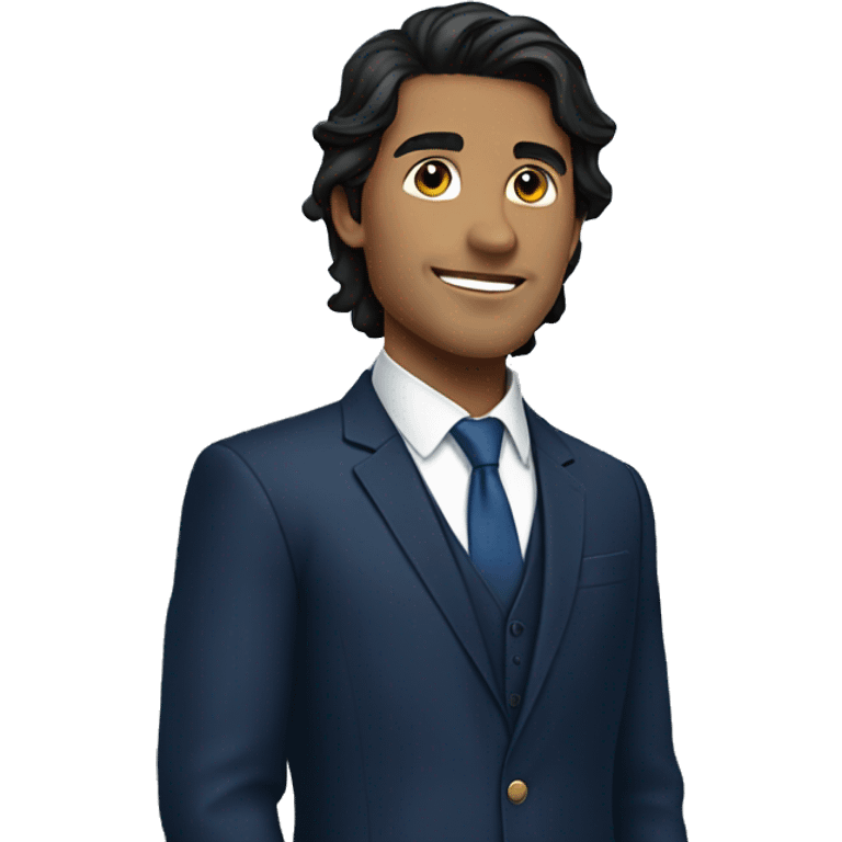 Handsome male, black hair, wearing dark blue suits, Background with buildings emoji