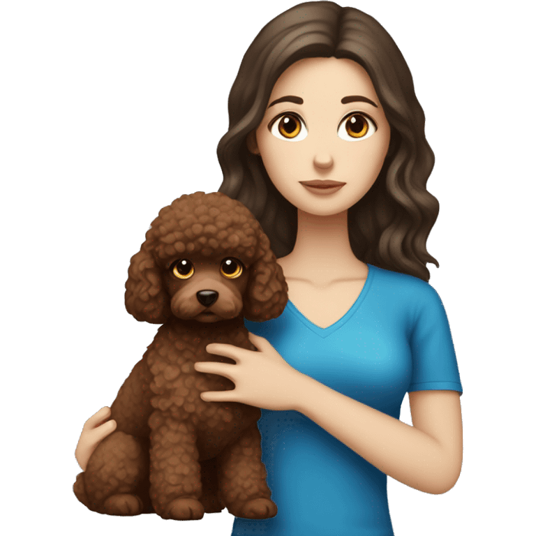 white girl with long dark hair, with blue eyes and holding a brown toy poodle  emoji