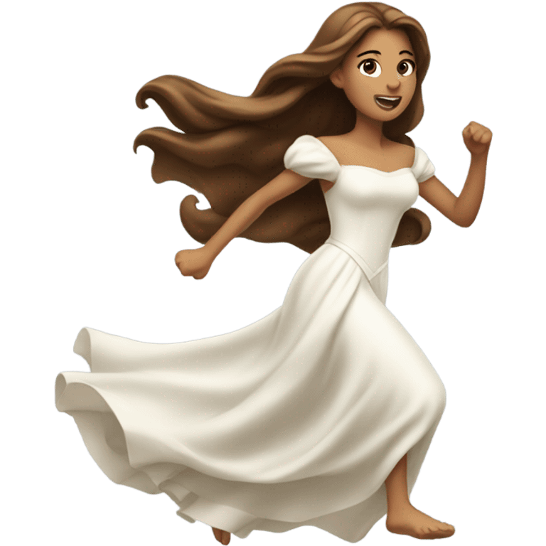 A princess with long brown hair in a white dress running  emoji