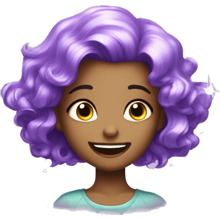 one girl with purple crystal hair, she is feeling happy and elated and excited, make her hair shiny with prisms and angles and edges emoji