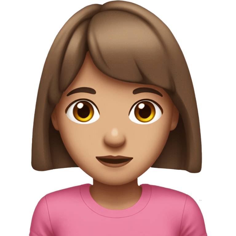 14-year-old girl with long brown hair and bangs brown and big eyes With tight pink t-shirt and a freckle on the right chek emoji