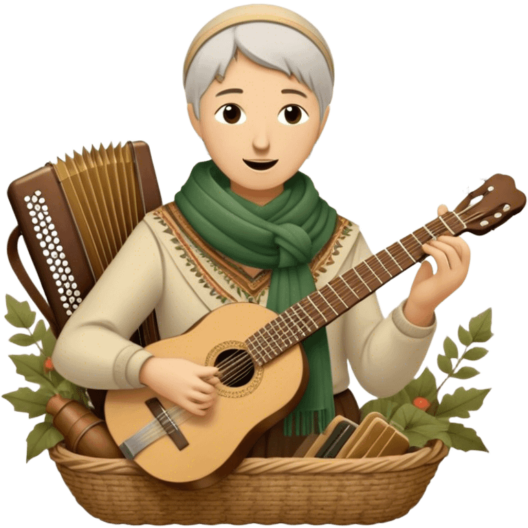 Create a warm and rustic emoji representing folk singing, using a humanless collage. The design should feature traditional folk instruments such as a balalaika, domra, or accordion, arranged around a vintage microphone to evoke a sense of community and storytelling. Include elements like a woven basket, traditional scarves, or musical notes to symbolize the connection to nature and heritage. Use earthy tones like brown, green, and gold, with subtle accents to emphasize the folk style. The background should be transparent. emoji