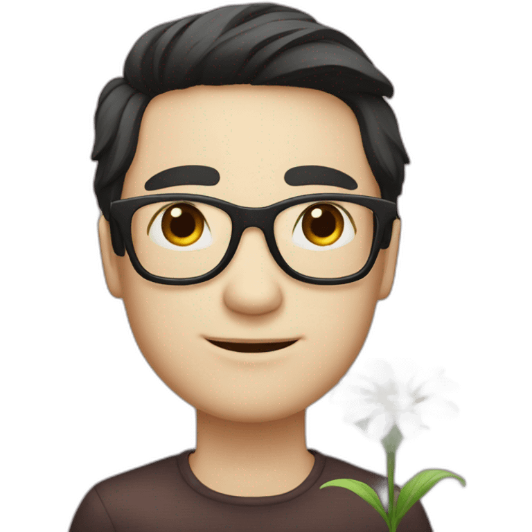 white skin guy with dark hair and glasses gives a flower emoji