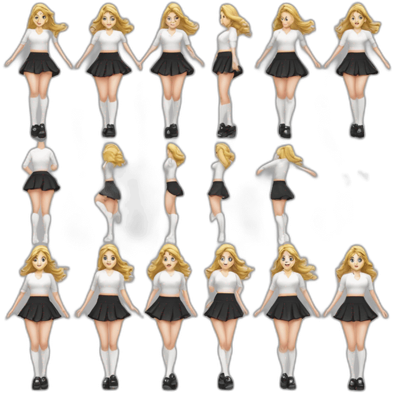 alistic-full-body-caucasian-curvy-beauty-jumping-short-black-skirt-back-and-front-views-strong-wind-white knickers-long-white-socks emoji