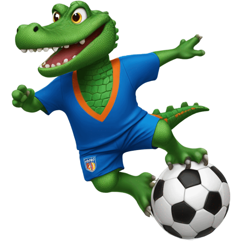 Green Gator with a soccer jersey in blue and Orange kicking a soccer ball emoji