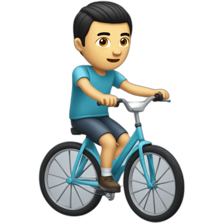 white skin men with short black hair riding a funny and miniature toy bicicle emoji