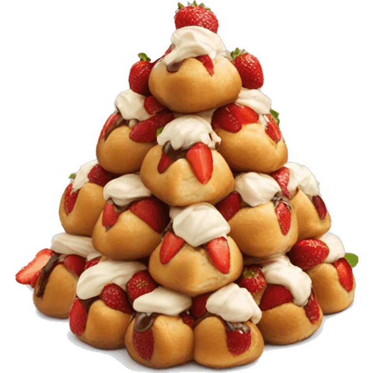 A pyramid of profiteroles with strawberries emoji