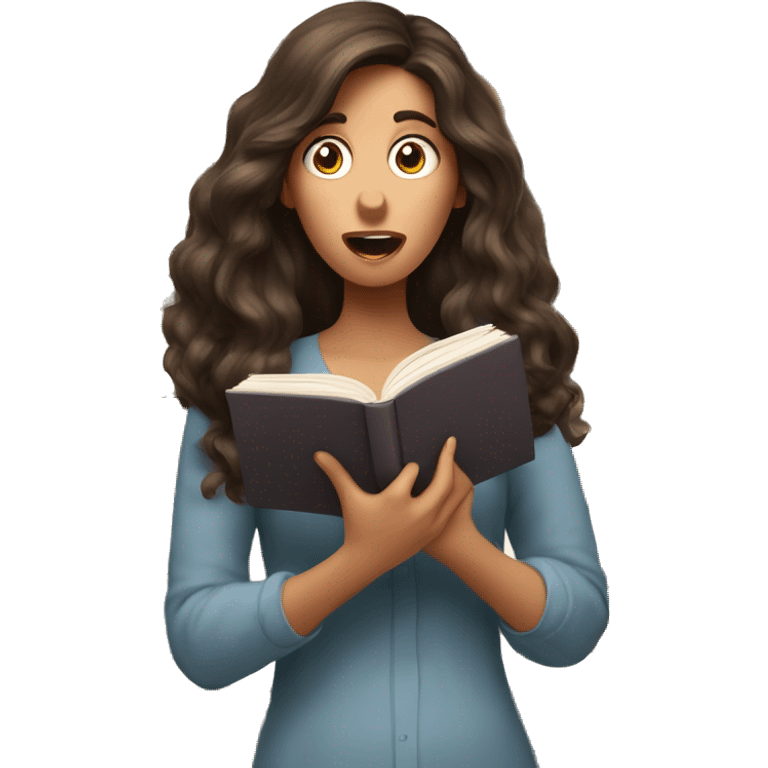 brunette long wavy hair woman shocked face while holding and reading book emoji