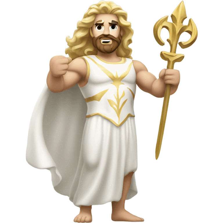 white Poseidon with gold Trident. long hair white dress. show biceps emoji