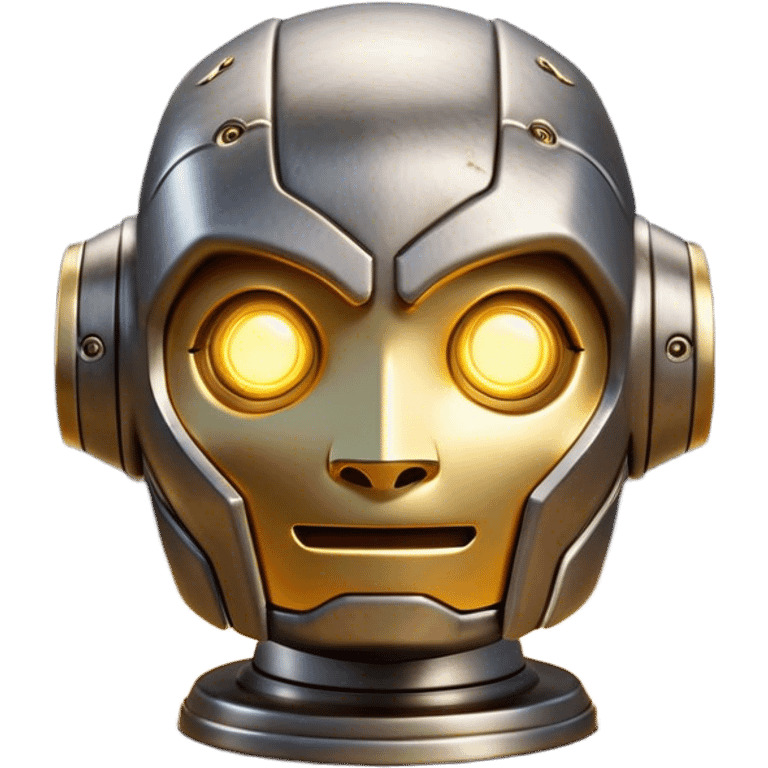 Cinematic Cute Mighty Iron Golem Portrait Emoji Head tilted playfully and inquisitively, featuring a sleek yet sturdy metal form with smooth, polished steel plating and glowing golden engravings, accented by faintly humming energy veins that pulse with life; rendered with lifelike clarity and soft, natural reflections, high shine, charming yet robust, styled with a touch of whimsical fantasy, soft glowing outline, capturing the essence of a watchful yet endearing golem, as if it might shift its massive head with a slow, thoughtful nod at any moment! emoji