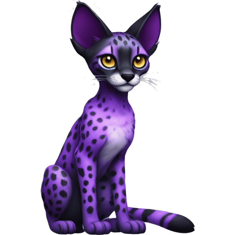 Epic Edgy Colorful Cool Cute Realistic Black and Purple ethereal Serval-Fionbri fursona with white belly full body emoji