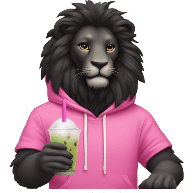 Black Lion drinking boba tea wearing a pink hoodie emoji