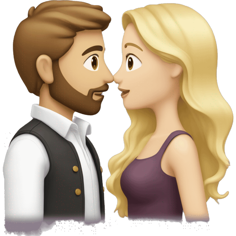 couple kissing, him with brown hair, beard and eyes, white skin; her with blonde hair, brown eyes, white skin. they are well dressed emoji