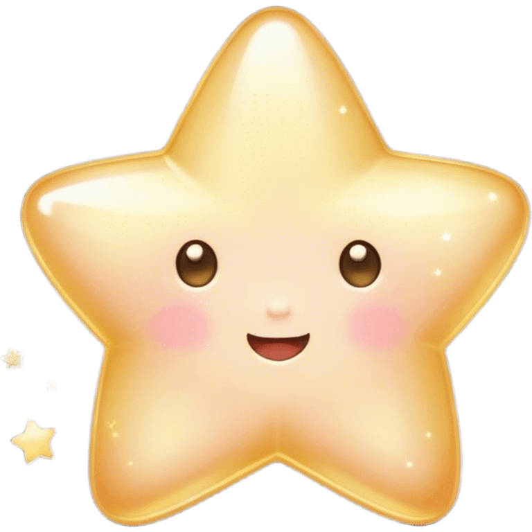 Cinematic cute sparkling star, chubby rounded edges, golden glow, tiny blushing cheeks, warm and gentle shine, twinkling softly in a pastel night sky. emoji