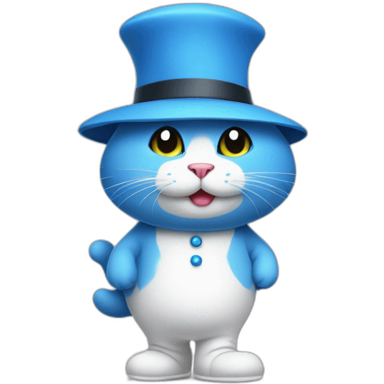 Blue cat wearing a white mushroom hat walking on his feet wearing white trousers emoji