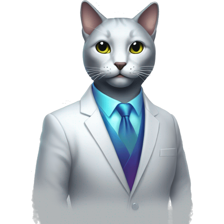 Dark iridescent cat wearing white business suit glowing emoji