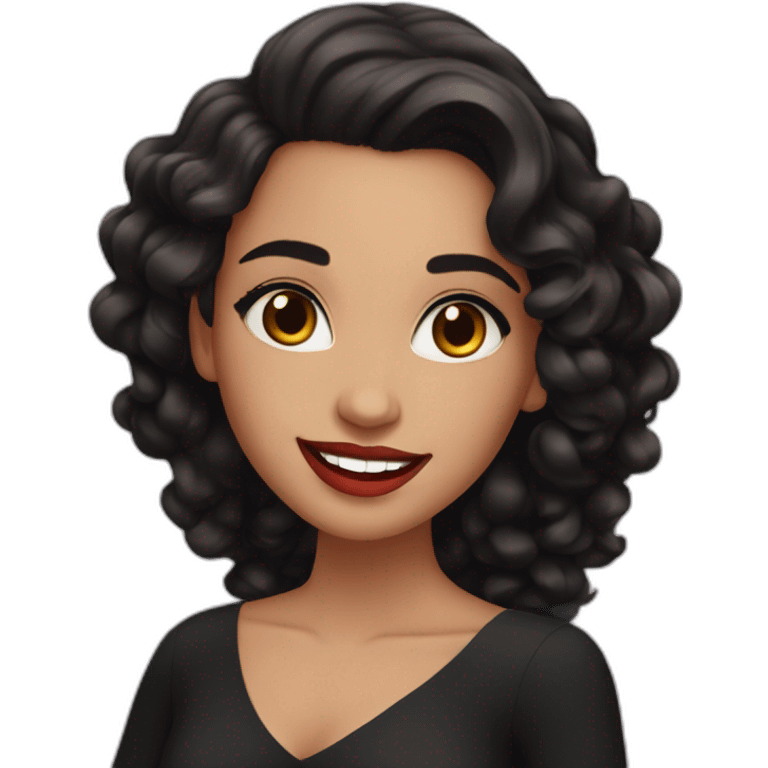 young moroccan woman with dark brown eyes, dark long curling hair, red lips, big smile, black dress emoji