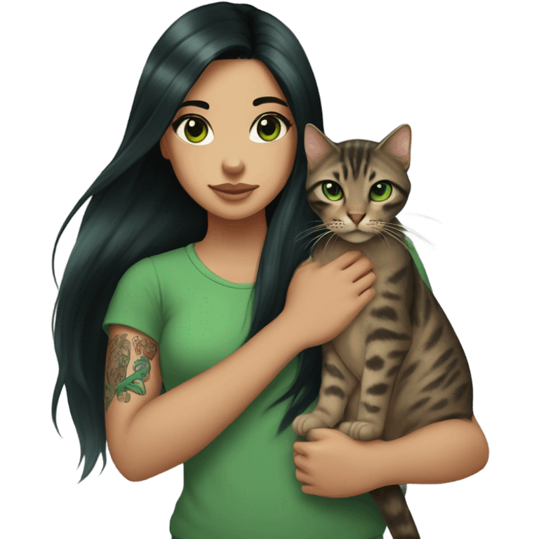 girl with long straight black hair and brown eyes, wearing a green shirt. mermaid tattoo on her arm. fairer skin. she is holding her bengal cat with green eyes. only the chest up is visible in the emoji emoji