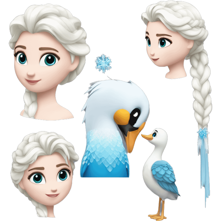 un pato con cuerpo azul, cabeza blanca y trenza con cabello blanco como Elsa de frozen emoji