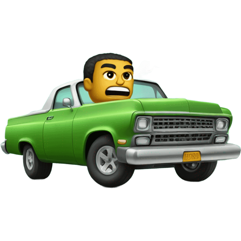 Block face, angry little man smoking and blowing big clouds while riding in a green Lowrider emoji