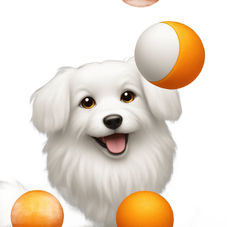 White fluffy dog with orange ball emoji