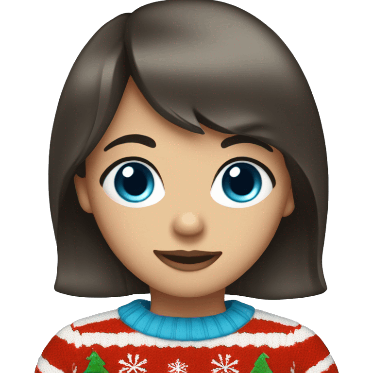 A girl with bangs of dark brown hair and blue eyes in a Christmas sweater emoji