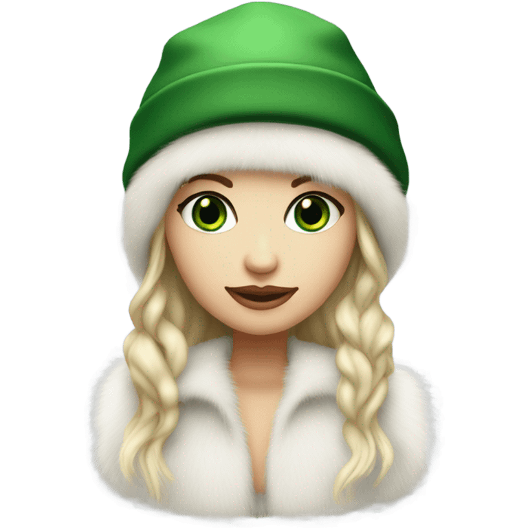 Realistic White girl with Long straight blonde hair, green eyes, tattoos, full body wearing white fur coat and fur hat emoji