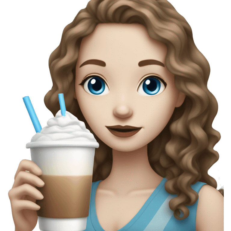 Pale skin girl with brown wavy hair and blue eyes drinking ice latte  emoji