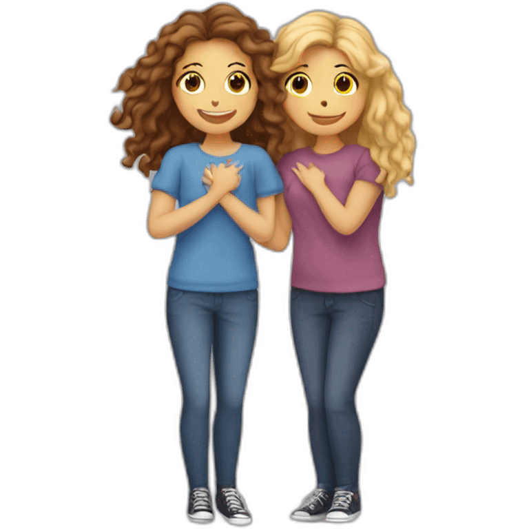 Hug two girlfriends one with straight hair and one with long curly hair  emoji