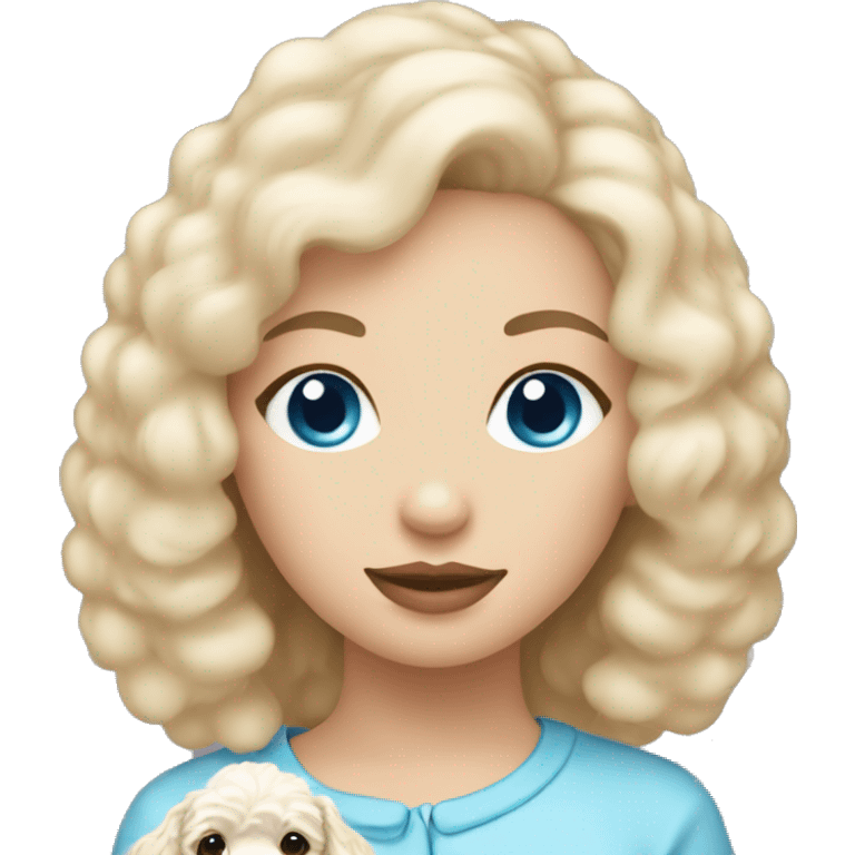 lady with straight blonde hair and blue eyes holding a fluffy poodle puppy emoji