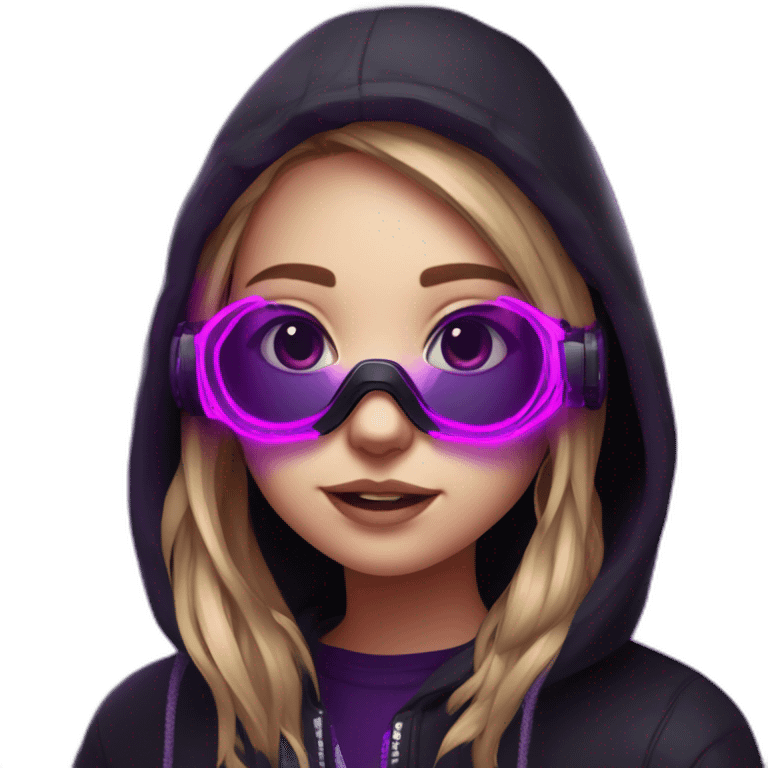 Russian girl student in the black hoody with violet letters "OMG" on it, wearing vr headset. Cyberpunk style. Violet neon. emoji