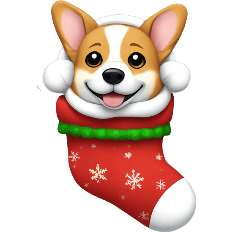 Sleepy corgi in a festive stocking, with its head peeking out, ready for Christmas morning emoji