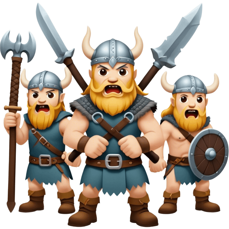 hree different Vikings scream, weapons in their hands, realistic emoji