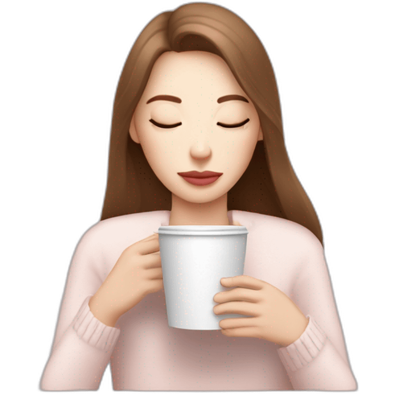 woman with pale skin and brown long thin hair wearing a white woolly shirt drinking coffee from a light pink takeaway cup eyes closed emoji