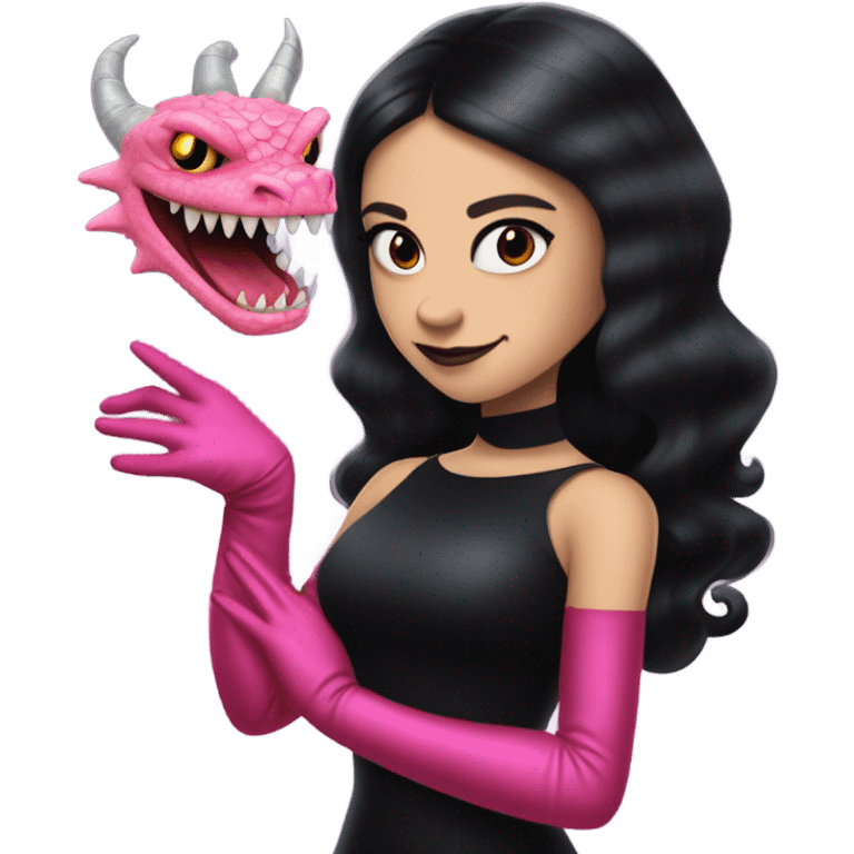  black evening gown with see-through gloves, Jenna Ortega as Addams woman prom queen wearing a mini tiara, very large blood  pink evil-looking horned old dragon companion emoji