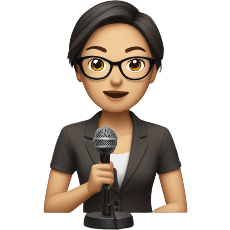 Asian woman with short brown hair wearing glasses talking into a microphone emoji