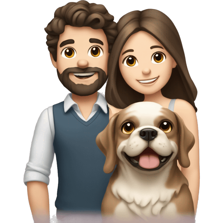 Brunette happy couple boy with beard and girl  with long hair with one cute beige French bull dog  emoji